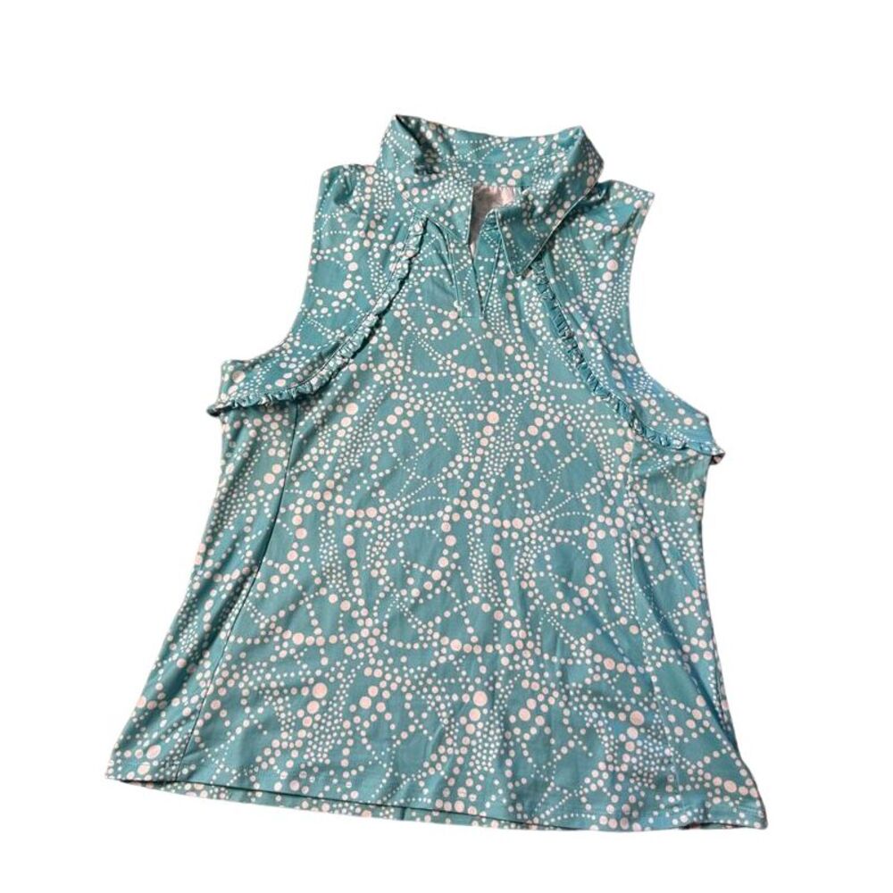 X by Gottex Sleeveless Teal Polka Dot Blouse Summer Top Ruffled Collar Women's M